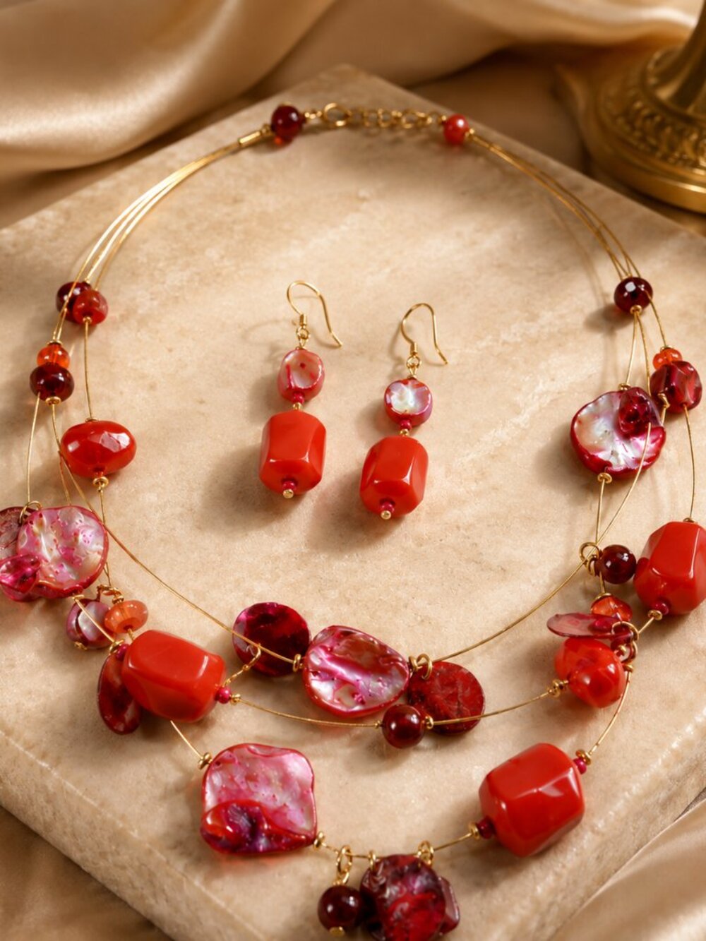 Red Pink Beaded Multi-Strand Necklace & Drop Earrings Set – Statement Jewelry
